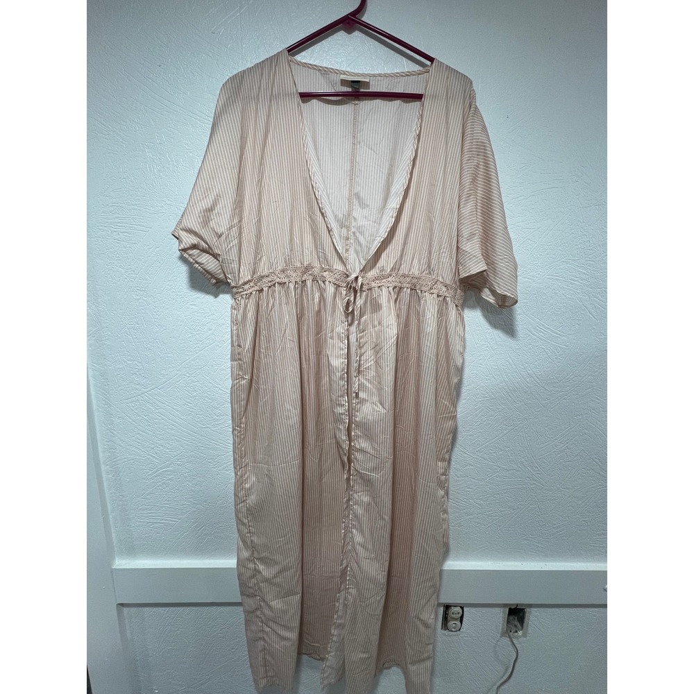 Alredine Striped Kimono Duster Robe Peach White Crochet  Trim XL/XXL swimcover